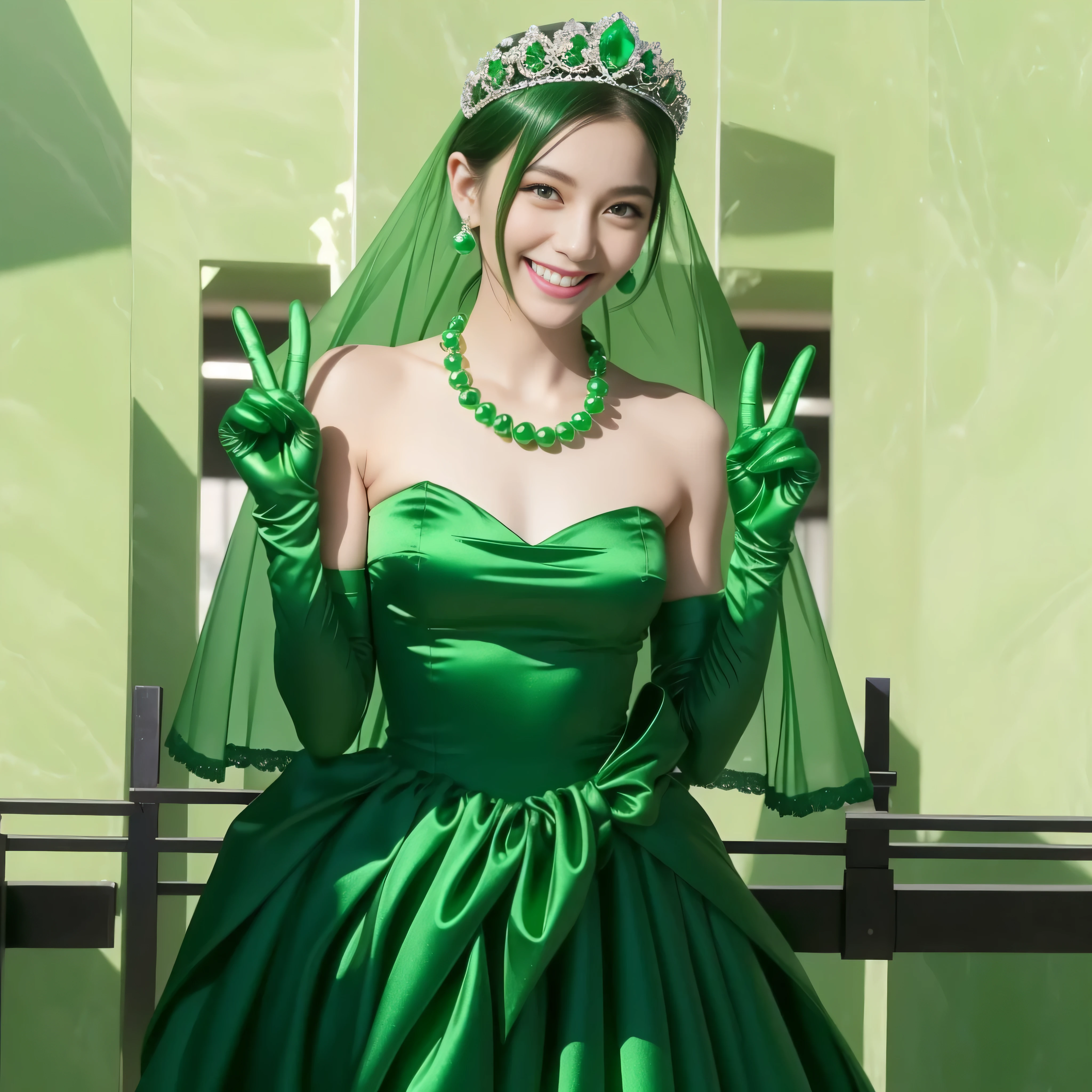 Emerald tiara, Green Pearl Necklace, Boyish very short green hair, lipstick, Smiling Japanese woman, Very short hair, Big and beautiful, Green Eyes, Long green satin gloves, Green Eyes, v sign, Emerald Earrings, Green veil