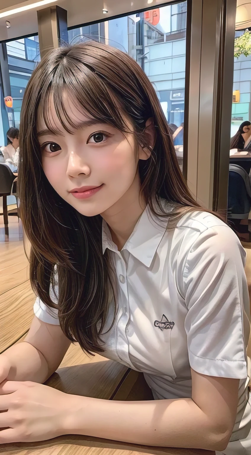 masterpiece, highest quality, Super detailed, 8k, 16k, Absurd, High resolution, girl, smile, Put your hands on your head, View your viewers, Front view, Long Hair, Brown Hair, We say, Droopy eyes, Shiny skin, Detailed skin, Detailed face, glamorous, Sensual, Beautiful breasts, Beautiful ass, Curvy, (Improve, waitress:1.3), Delicate facial features, Cute face, 20-year-old, Japanese, At the cafe, With chair, With table, With sofa, With window, Ultra-realistic photos, RAW Photos, Realistic, Real person, Cowboy Shot, Dynamic Angle, sharp, Cinema Lighting, Depth of written boundary