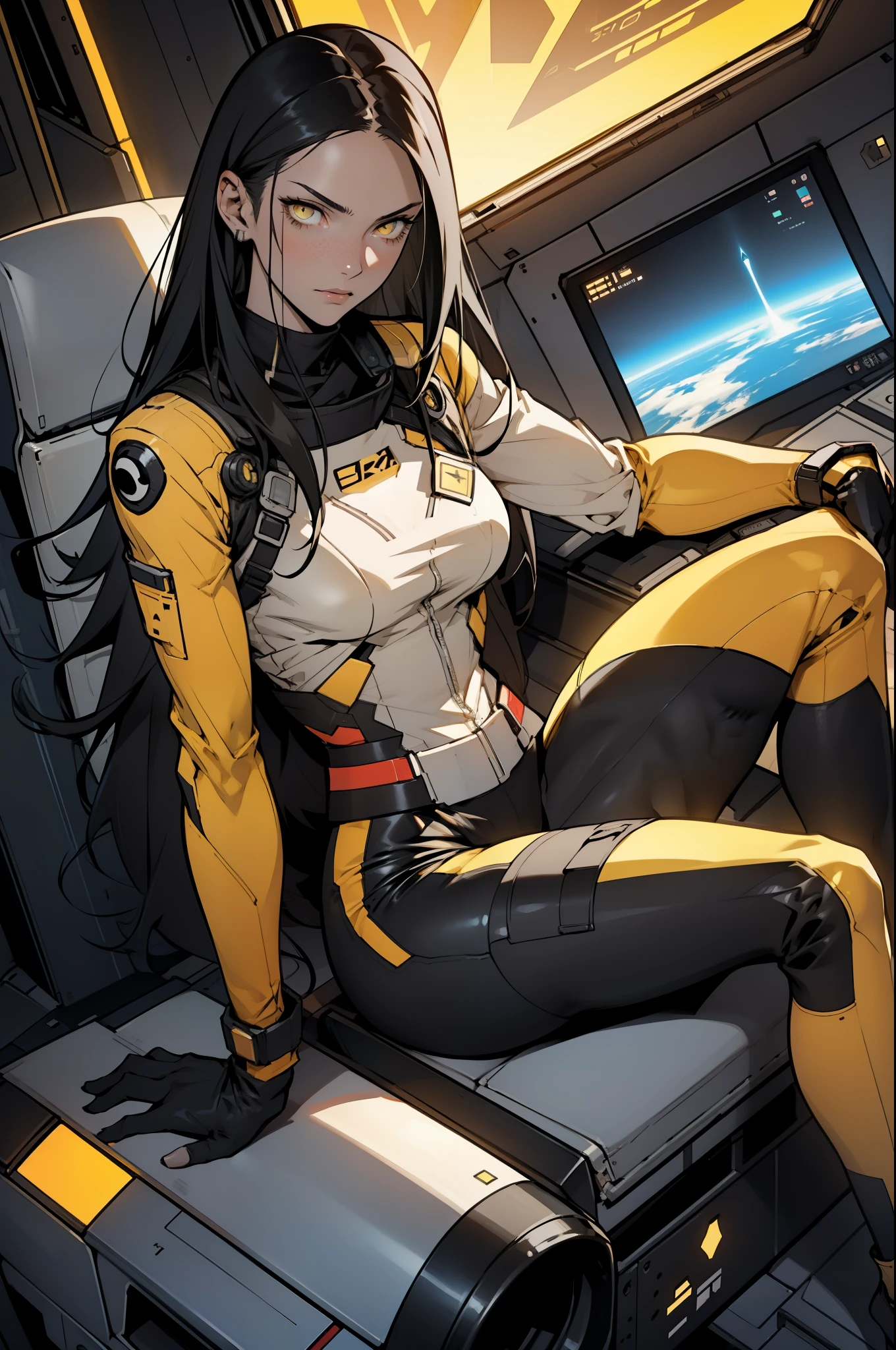 1 girl, black hair, yellow eyes, very long hair, pale skin, fit body, slender body, slim waist, large breasts, (confident expression), pilot suit, thigh gap, bare thighs, sleeveless, show bare legs, fit thighs, sitting in a cockpit of a spacecraft, view from the floor