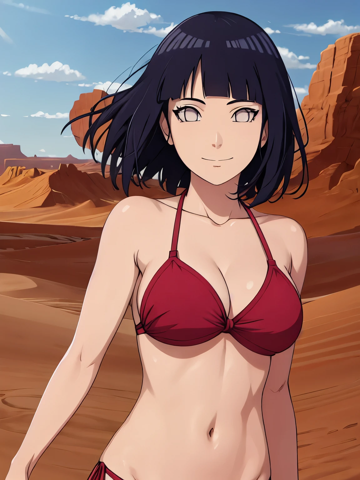 (hinata\(boruto\), (high quality, upper body view only, anime, tall woman, perfect hand anatomy, red bikini, off-shoulders, little biceps, long belly, super detailed body ultra detailed face, smile), ((triceps)), ((looking at the camera)), (medium-big breasts), closed mouth), (posing for the viewer), pale skin, ((floating hair, dark blue, short hair, hime cut، loose hair), (location: desert, windy afternoon),
