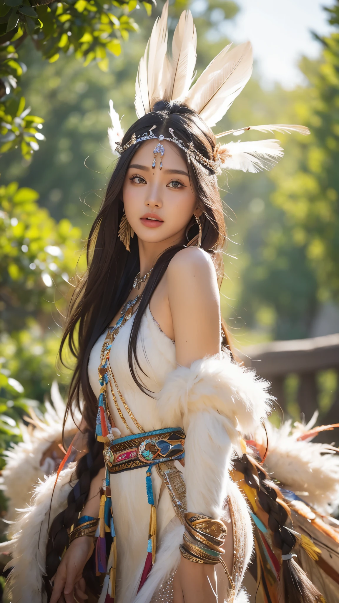 Exotic beautiful native American princess, female,very small revealing dress made with feathers, magic, alluring, sultry, full-length, female-body, hazel-eyes, bright, , OverallDetail. beautiful blurry background, perfect face and eyes, hyper-detailed hypermaximalist dynamic