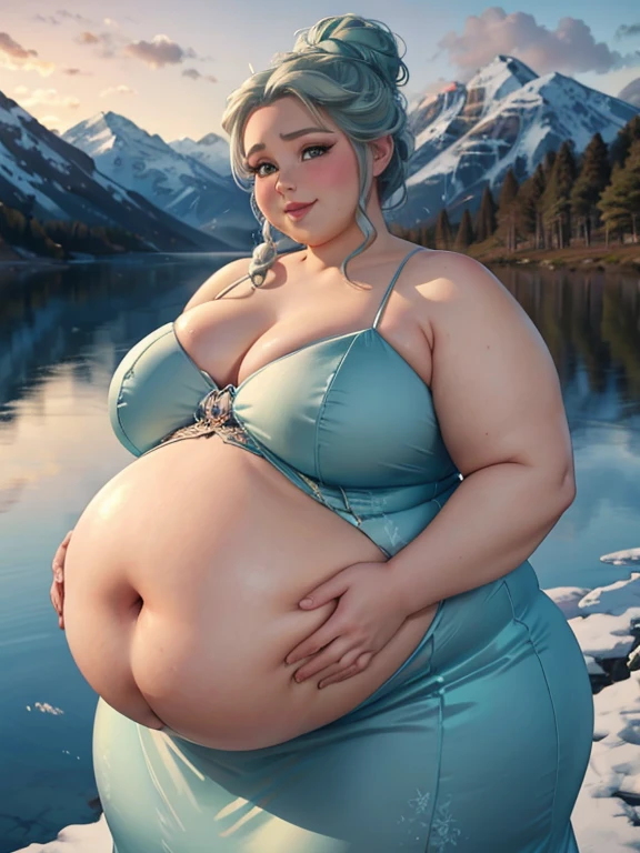 Fat pregnant elsa,, updo bun hair, eyeshadow, blushed, closed smile, big cheeks, teal satin dress, Big lips, double chin, chubby body,bbw, morbidly obese, fat rolls, pregnant belly, weight gain, frozen lake, hot springs