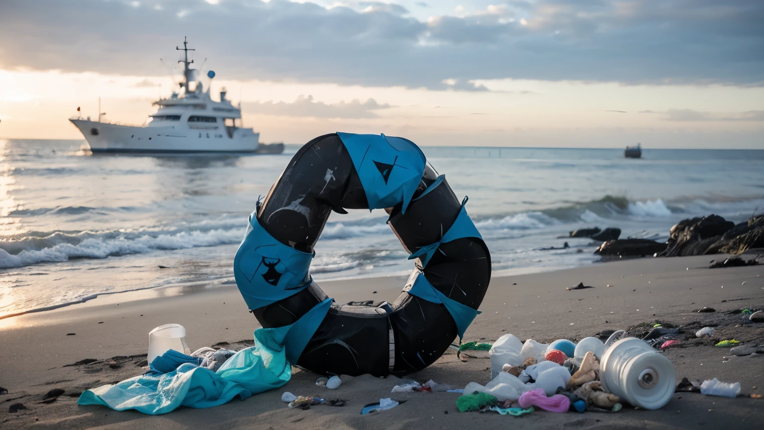 Recycling symbol amidst ocean plastic waste. 

