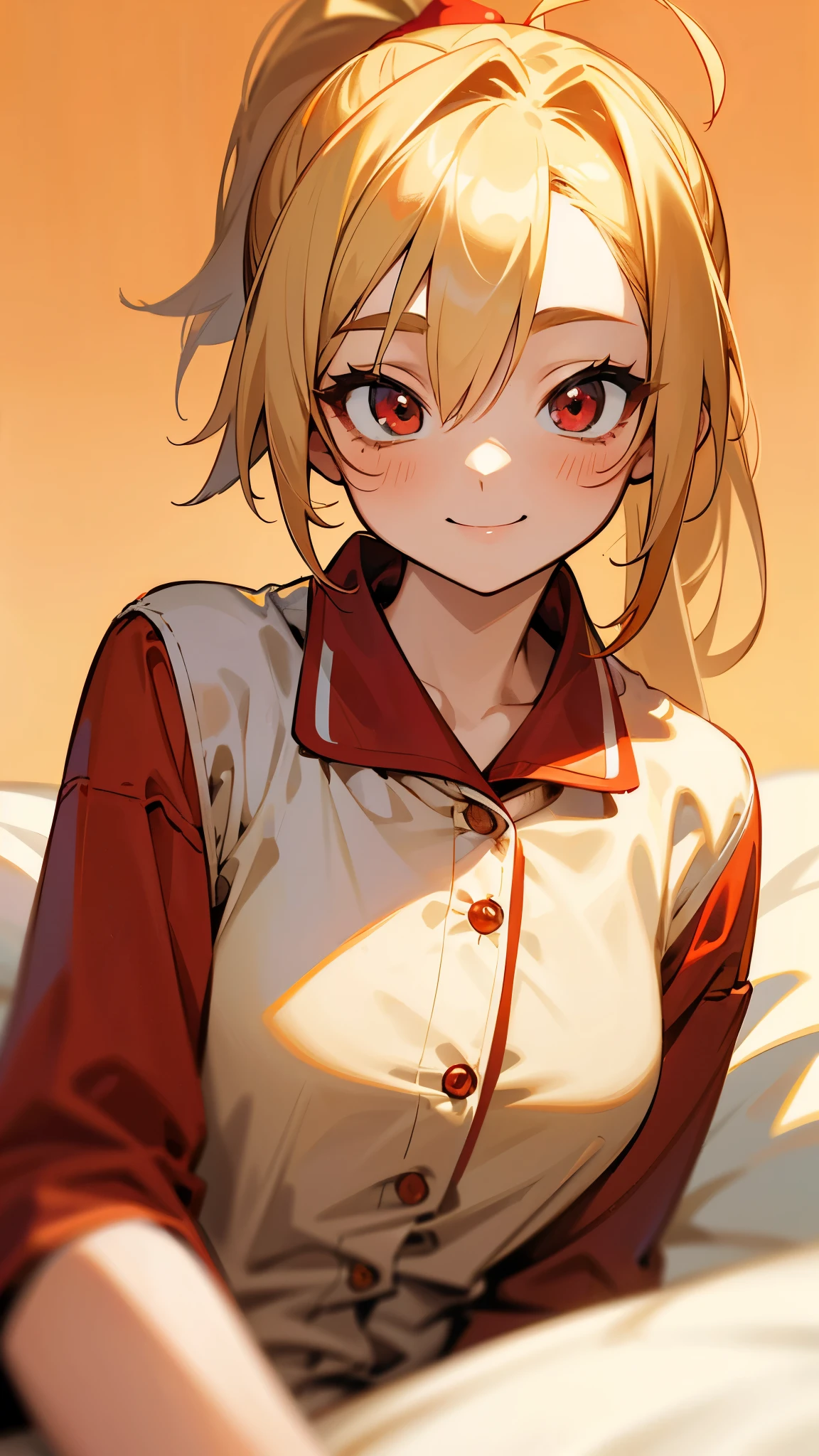 18-year-old girl sitting on bed、solo、Anime-style paintings、Wearing pajamas、Blonde ponytail、Ahoge、Beautiful red eyes、smile、smile、The soft texture of pajamas、Upper body close-up、Red and yellow based colors、Background blur、The depth of the drawn boundaries