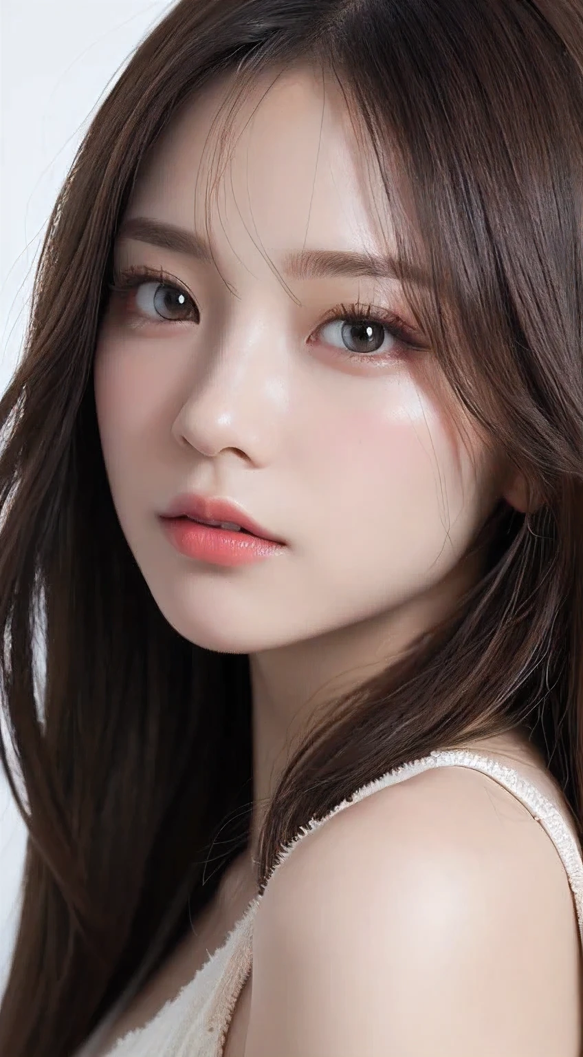 Front Face: 1.3, RAW Photos, (8k、highest quality、masterpiece:1.2)、(Intricate details:1.4)、(Photorealistic:1.4)、Octane Rendering、Highly detailed and intricate 3D rendering, Soft studio light, Rim Light, Crisp details, Super Detail, Big, bright eyes, eyeliner, a lot of lashes, Realistic skin texture, Detailed aspect, Beautiful fine details, Highly detailed CG Unity 16k wallpaper, Compensate, White Background,