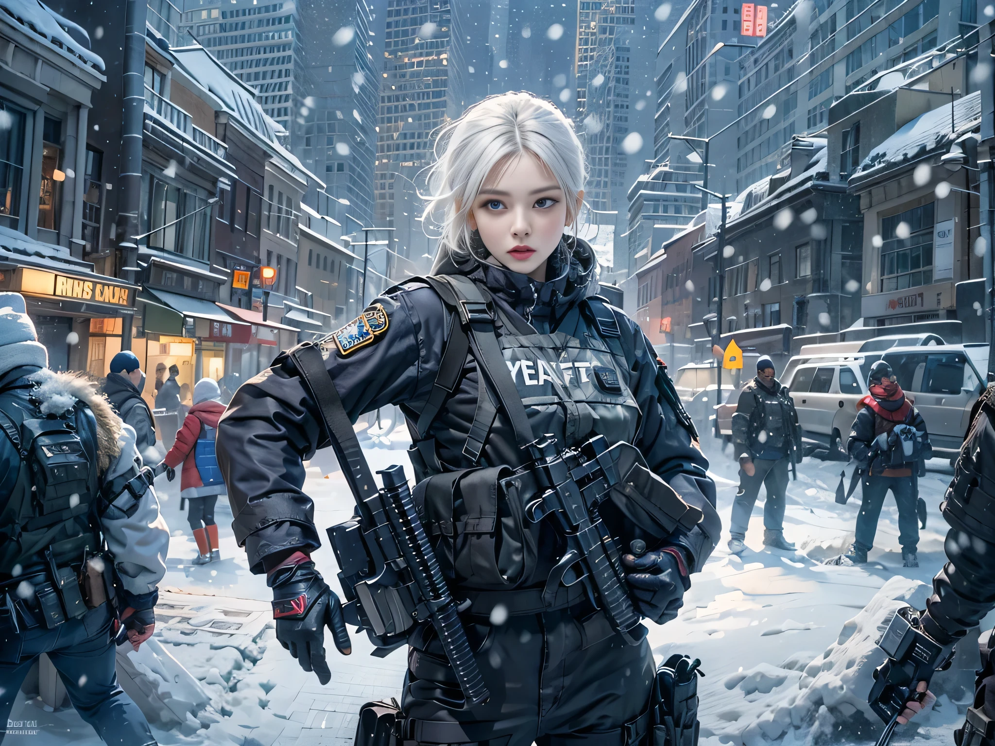 Photorealistic, high resolution, 1womanl, Solo,Snow background, looking to the camera, (Detailed face), White hair, SWAT vests, Gun, jewelry，Fingers are occluded