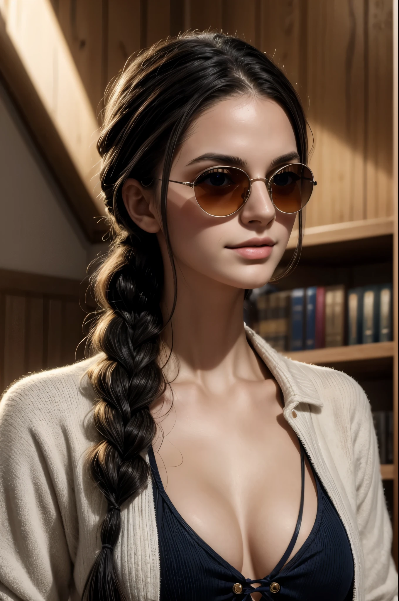 masterpiece, best quality, extremely detailed, hyperrealistic:1.1, photorealistic, a beautiful 20s russian model, ultra detailed face:1.1, braid, black hair, navy long sleeve shirt, sunglasses on head:1.1, library, smiling, touching hair:1.1
