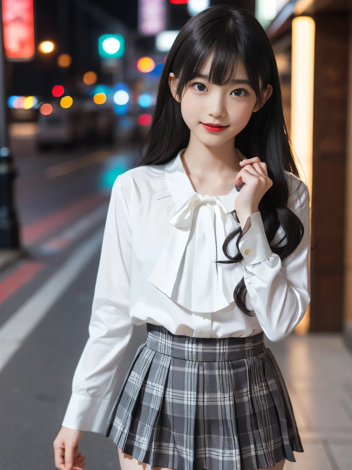 raw photo, 8k, (top-quality), Realistic, (real picture, Intricate details), (natural skin texture, detailed skin, hyper realism, sharpness), (Japanese teenage girl standing in a downtown area at night, neon light), ((conservative fashion with gray and white, plaid skirt, blouse)), (pale skin:1.2), slender body, ((wavy long hair, blunt bangs)), (baby face, provocative look, Parted lips:1.3, red lips), shy smile, night time, spot lighting:1.3, upper body shot