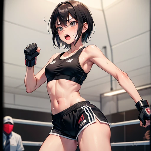 Cute slender high school girl, mixed martial arts match in ring, impatient, desperate expression, punching, sweaty, open mouth, out of breath, slight muscle sinew, short dark hair, small breasts, sports bra, high leg shorts, open finger gloves