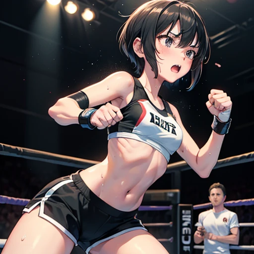 Cute slender high school girl, mixed martial arts match in ring, impatient, desperate expression, punching, sweaty, open mouth, out of breath, slight muscle sinew, short dark hair, small breasts, sports bra, high leg shorts, open finger gloves