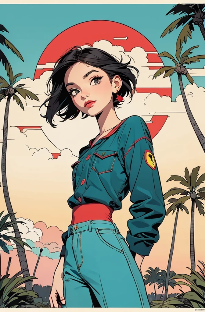 retro girl, Miami, sunset, Ferrari, palm tree, 90's, (flat colors, flat texture, lineart:1.2), graphical design, (heavy ink, ink blacks),