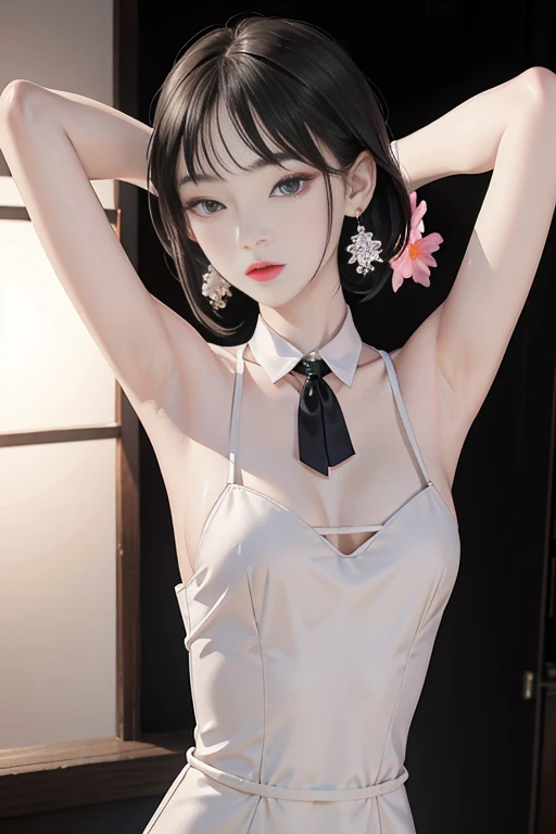 tsuruta ichiro, Narrow-eyed, 1girl in, Allback、deadpan、short-hair、shorth hair、brow、Reluctance、A dark-haired、Tucked Hair Solo, Cowgirl, Onepiece, ((mideum breasts)), Thin slit eyes、Black eyes, Light shines on the eyes、Black hair, gloves, Dress, Luxurious Jewelry, earrings, sharp eye、 elbow groves,Raise your hands and tie your hair back, random color, random color dress, Makeup for long eyes, Slender eyes、lip stick, Complex petal pattern, Rim Light, Back Light, pastel color,Studio Lighting