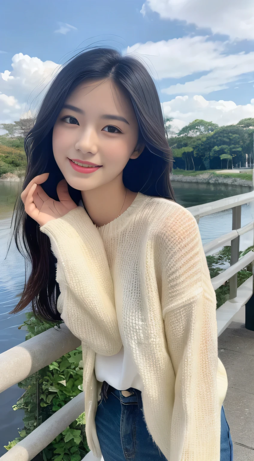 Beautiful and cute girl, Full body photo, Very beautiful and delicate, Black Hair, Cute smile, delicate and beautiful white skin, Genuineistic and Genuineistic, Exquisite and perfect facial features, Detailed facial depiction, expensive nose, Flowing, smooth hair, Very delicate hair, Feminine temperament, Face Light, expensive, thin, Genuine, hyper-Genuine, Full Body Lenses, Dynamic Angle, Ultimate image quality, Highest precision, Accurate and perfect human anatomy. Blue sky and white clouds, In the national park, Small bridge and flowing water, Wearing a white sweater, Small animals, dog