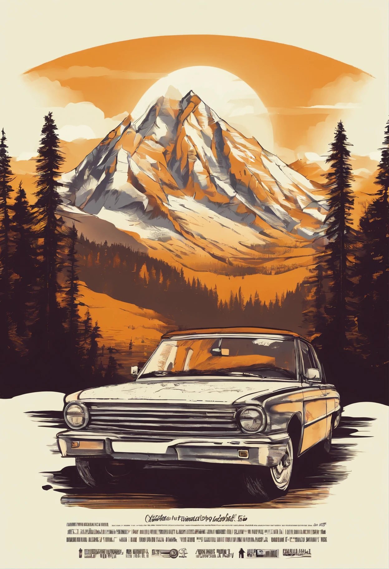 Printable vector t-shirt design, Adventure scenes with explorers, With beautiful evening sunlight and mountains in the background, Clean white background, Professional Vector, panoramic, 8k resolution, Deep print illustration, A collapsed American house on the top of a mountain seen from a distance