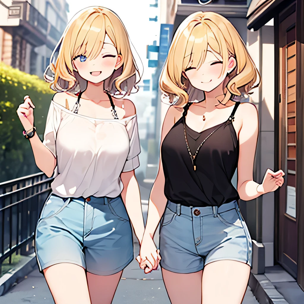 masterpiece、highest quality,Very detailed, Absurd beauty、Two beautiful girls、 (Medium Hair、blonde、Ample breasts), Wavy Hair、Keep your head small、Casual clothing、Summer clothes、Thin legs、Close your eyes and smile、Big smile、Shyness、friend、Hand in hand