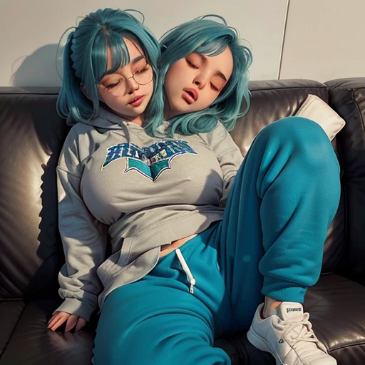 Beautiful two headed excessively fat Italian American girl with blue hair sitting on the couch in form fitting sweatpants and a hoodie. Her second head is forcing her to shit her pants. She’s embarrassed in her face trying hard to hold it while her other head is asleep and snoring on her two headed body. You can see that she’s sitting on a huge pile.