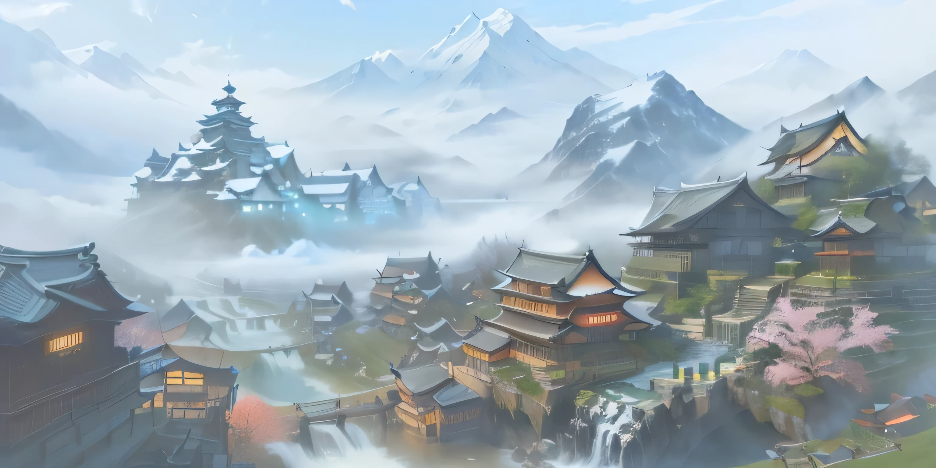 painting of a mountain village with a bridge and a waterfall, digital painting of a pagoda, detailed game art illustration, traditional japanese concept art, g liulian art style, scenery game concept art, environment design illustration, painted as a game concept art, game concept art, 2 d game environment design, scenery artwork, detailed digital 2d fantasy art, concept art illustration