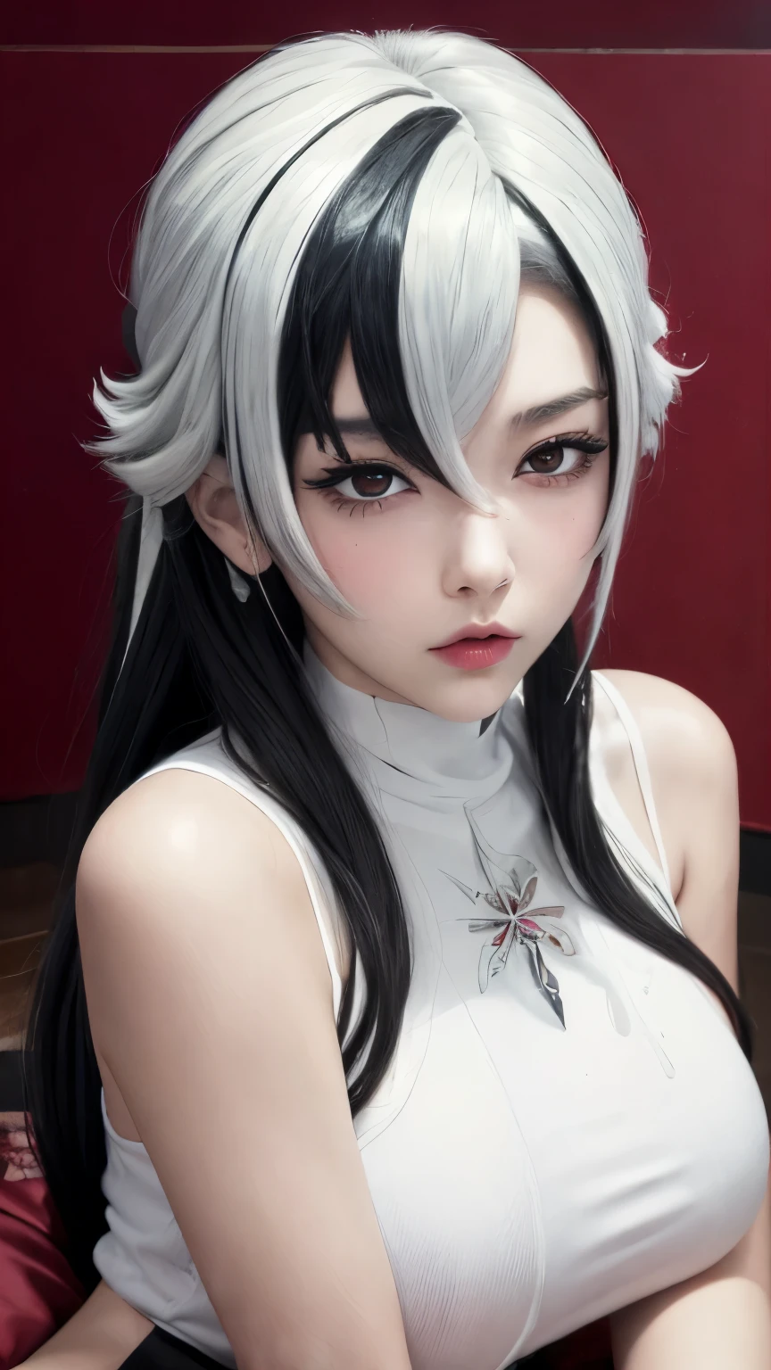 (((masterpiece)))、(((portrait)))、1 girl,Lie flat on your bed,His face was flushed,Scared expression,sex,Laugh greedily,Weakness in the extremities,White hair,Black Hair,Colorful Hair,short hair,Straight Hair,Long braids,Glowing red eyes,Red X pupil,Huge ,Diffuse light,Dynamic Shadows,Sharp focus,reality,meticulous,high resolution,interesting,Lifelike,Lifelike,Soaked,mascara,Blush,Turtleneck pajamas,White sleeveless shirt,Black pantyhose,A youthful look,,White soap bubbles all over, There are a lot of white soap bubbles in the mouth,Full body view,Long legs