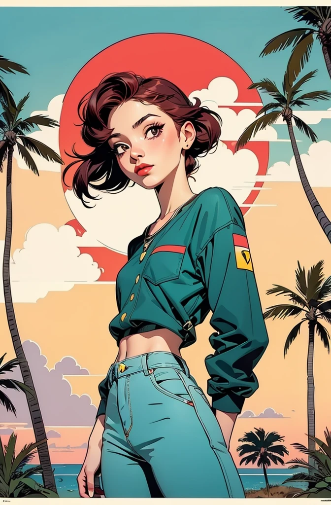 retro girl, Miami, sunset, Ferrari, palm tree, 90's, (flat colors, flat texture, lineart:1.2), 