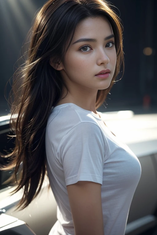 Photoreal, hyper realistic, realistic, smooth lighting, Improving movie lighting quality, 8k, ((1 girl)), 20 year old girl, view audience, realistic lighting, Backlight, facial light, ray tracing, brighter light, Top quality real texture skin, Close-up from the chest up, T-shirt, Enhances the beauty of skin texture