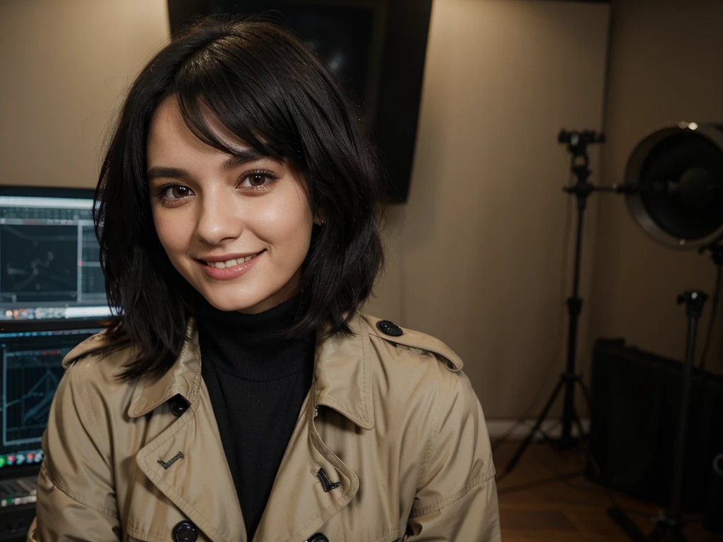 A 23 year old lady with straight short black layered hair wearing a black turtle neck and light khaki trench coat in a studio broadcasting smiling