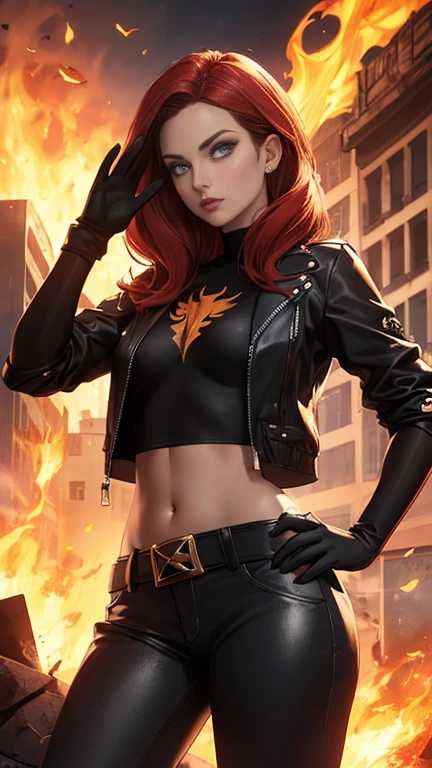 (Highly quality, masterpiece, detailed), burning city detailed scenario, burning city detailed background, jean-grey, belt, red leather crop top jacket, unzip, black top shirt, gloves, Phoenix symbol on chest, red leather pants, navel, perfect face, beautiful eyes, looking at the viewer, Sexy pose