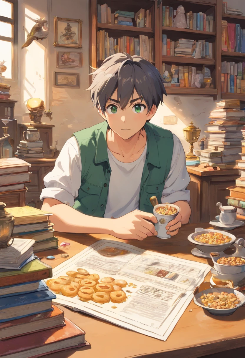 (masterpiece:1.2), extremely intricate details, ff14style, dynamic painting, depicting a messy room with a books and files, surrounded by drawing figure and trophies. Greyish and brownish and little bit of yellowish room. 
An amime guy , pal green hair, brown eyes, looking to the viewer , fish eye lens, convex, open mouth, curiosity in his eyes. White shirt and black trousers. Holding a microscope on one hand and a croissant on the other. And a coffee on yhe desk. With a bowl of cereal. 