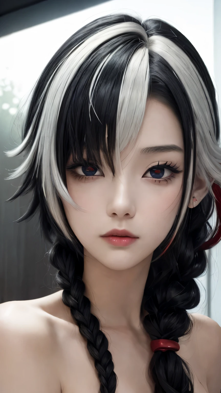 masterpiece、Highest quality、movie theater、(Lovely woman:1.3)、23 years old、1 Ya、(((masterpiece))),(((portrait))),Lie flat on your bed,White hair,Black Hair,Colorful Hair,short hair,Straight Hair,Long braids,Glowing red eyes,Red X pupil,warmth、Look away、Bare shoulders