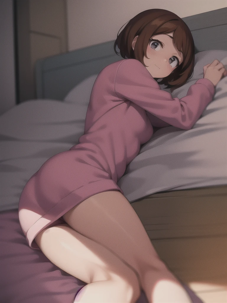 Ochaco Uraraka,white bra, wearing pink pajamas shorts, nice environment, super detailed, high quality ,laying in bed on her side,looking at viewer 