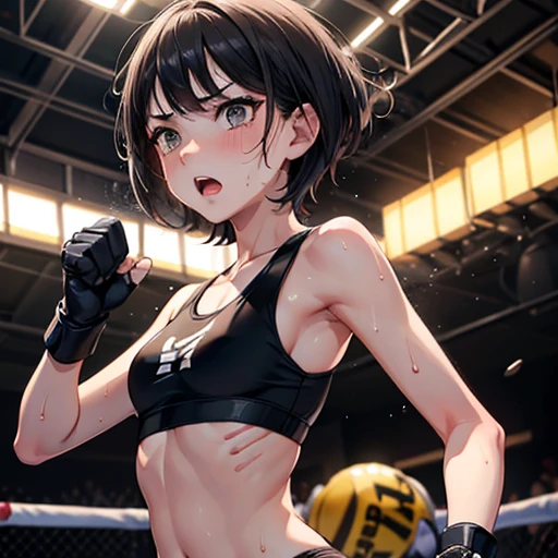 Cute slender high school girl, mixed martial arts match in ring, impatient, desperate expression, punching, sweaty, open mouth, out of breath, short dark hair, small breasts, sports bra, high leg shorts, open finger gloves