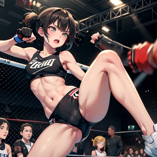 Cute slender high school girl, mixed martial arts match in ring, impatient, desperate expression, punching, sweaty, open mouth, out of breath, short dark hair, small breasts, sports bra, high leg shorts, open finger gloves