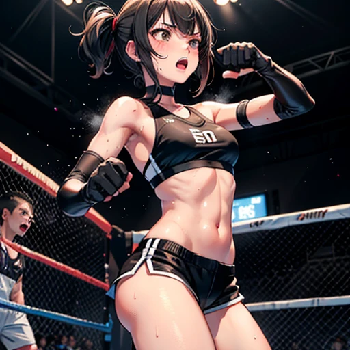 Cute slender high school girl, mixed martial arts match in ring, impatient, desperate expression, punching, sweaty, open mouth, out of breath, short dark hair, small breasts, sports bra, high leg shorts, open finger gloves