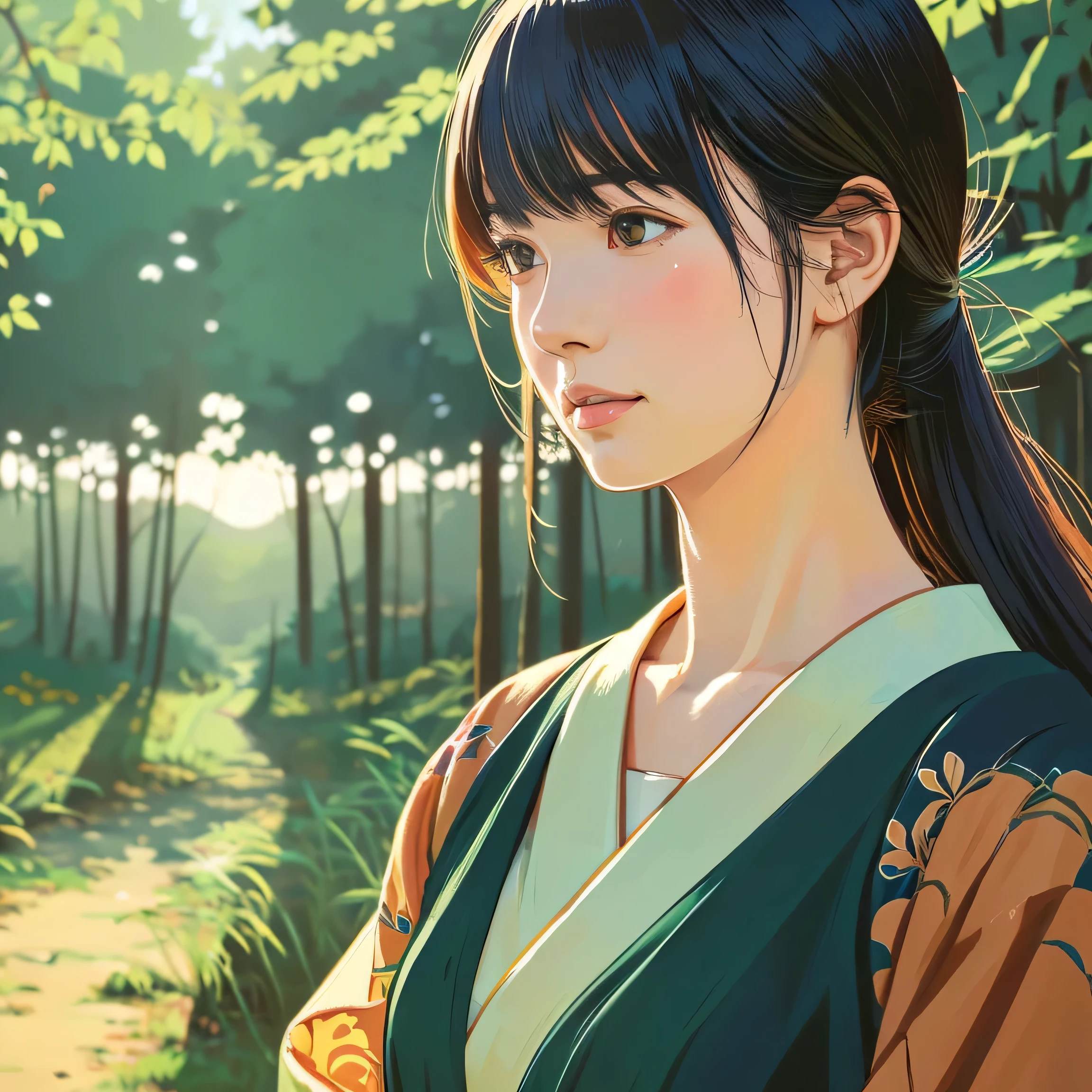 Illustration style、Ukiyo-e、Showa Anime、Woman looking this way、Japanese、The morning sun is shining in the background、Makoto Shinkai style、May、I can see a forest in the distance、 (highest quality, Ultra-detailed, Portraiture, Natural light)
