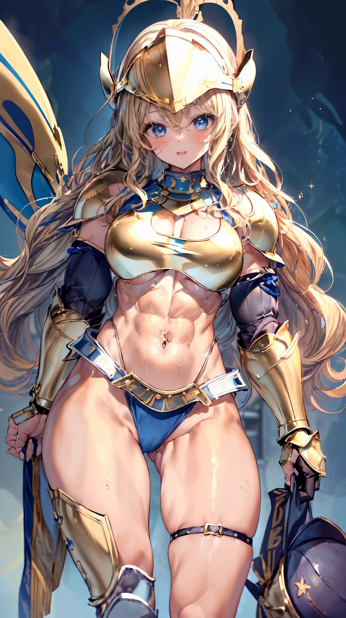 (Adult women:1.5)、Very detailed、highest quality、Best image quality、masterpiece、8k、Anime Face、A kind smile、Open your mouth、Sparkling blue eyes、(Blonde Wavy Hair:1.5)、、Muscles of the whole body、T-back thong、Thigh belt、(Wearing gold bikini armor:1.5)、(Cowboy Shot:1.5)、(Leg armor:1.5)、(Wearing a helmet:1.5)