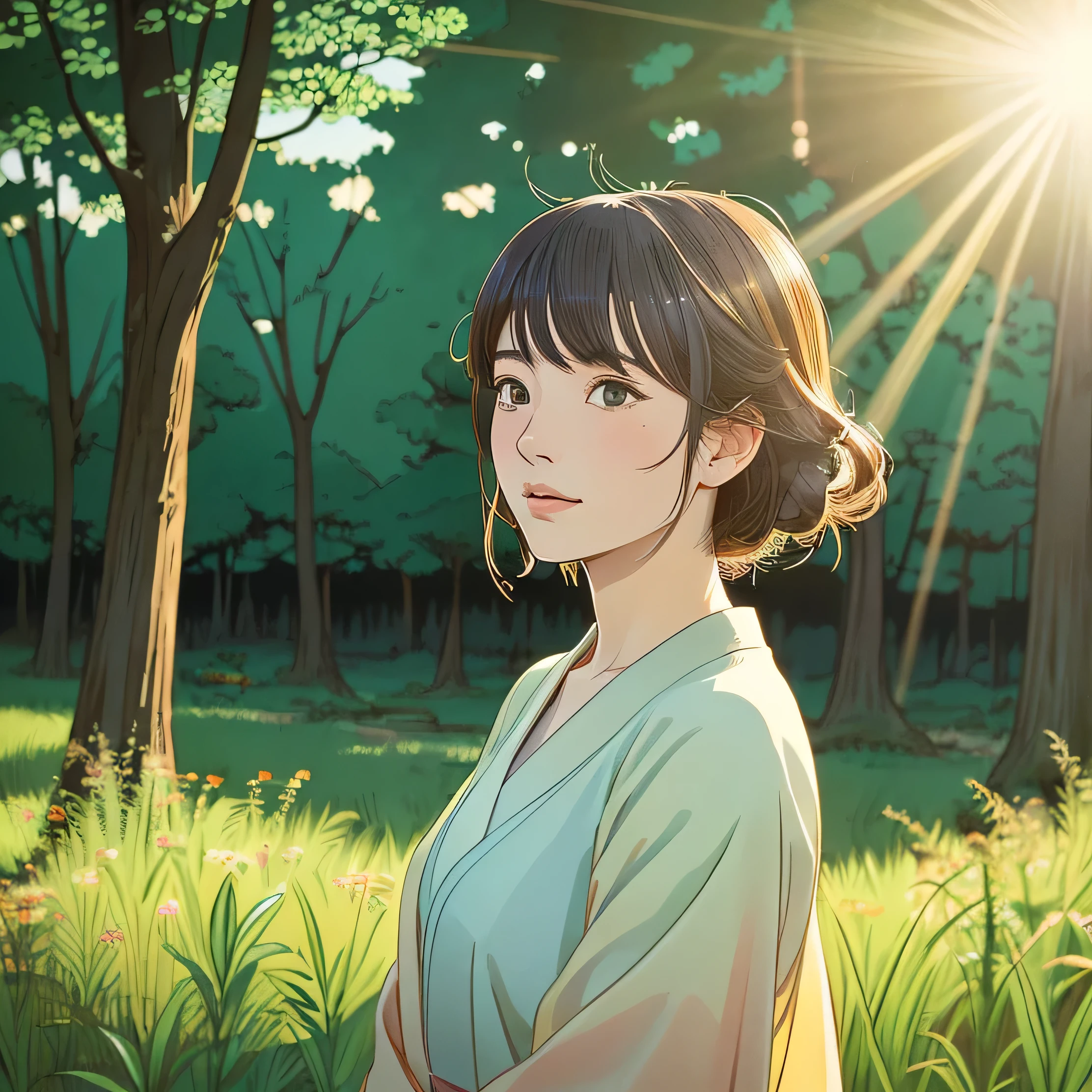 Illustration style、Ukiyo-e、Showa Anime、Woman looking this way、Japanese、The morning sun is shining in the background、Makoto Shinkai style、May、I can see a forest in the distance、 (highest quality, Ultra-detailed, Portraiture, Natural light)
