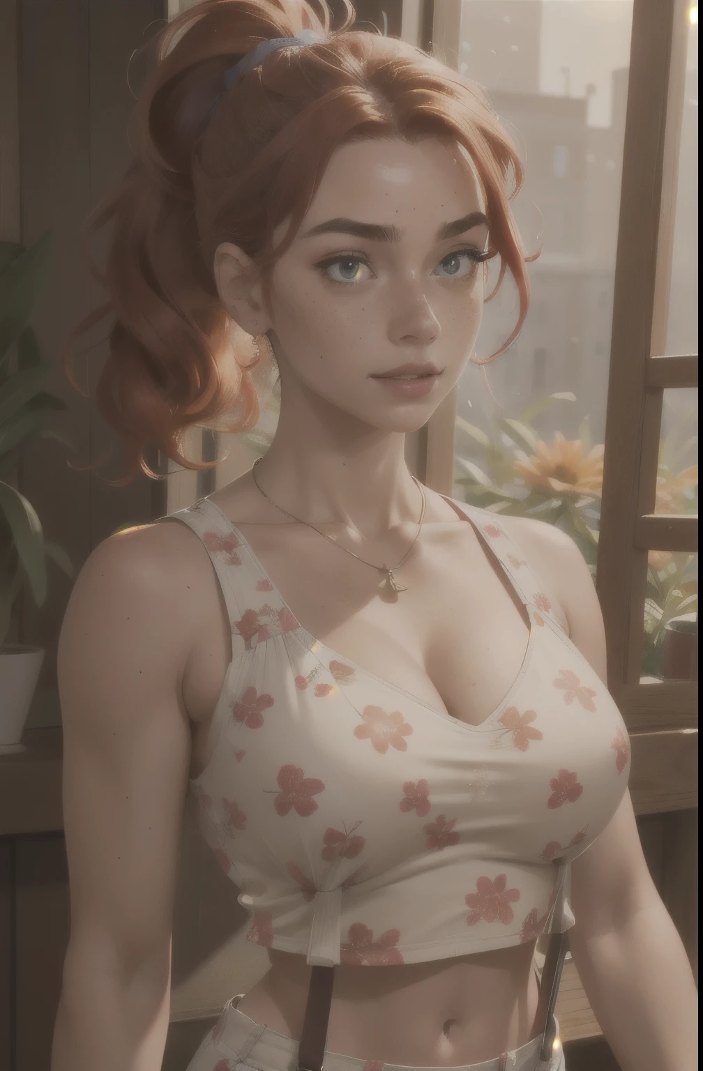 highres, masterpiece, perfect lighting, bloom, cinematic lighting, adult, female, perfect skin, looking at viewer, upper body, collarbone, wavy hair, necklace, suspenders, floral print, ponytail, freckles, red hair, sunlight, center opening, midriff, cleavage, sleeveless