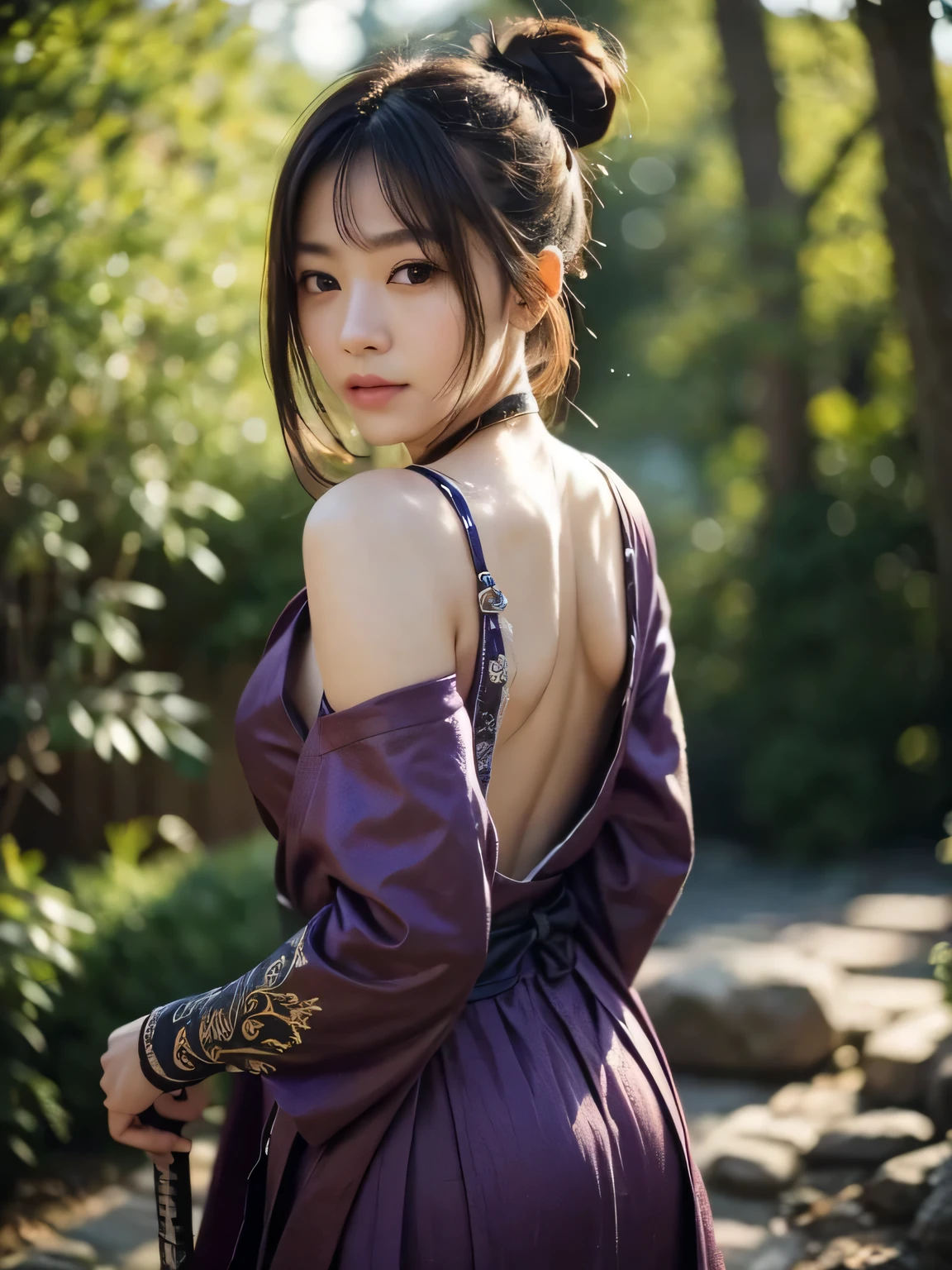 RAW Photos、8K Portrait、Female ninja looking back、Genuine、Transparent white skin、masterpiece、Best Quality、Very detailed、Cinematic look、High chroma、Samurai Girl、The body is slim、1 girl、arms、sword、Medium Hair、Natural brown hair、loose bun hair、Holding arms alone、Sword Grip、Arm guard、Blood on the arms、looking at the camera、cloth、Floating Hair、Beautiful 25 year old Japanese woman、White skin、double eyelid、Frowning and troubled expression、Wearing a black and purple ninja outfit、Ninja silhouette、Plump cleavage、Dynamic pose、Action-packed、dynamism、The background is in the woods、Photorealism、Intricate facial details、Intricate handcrafted detailing、Very detailed、Bright colors