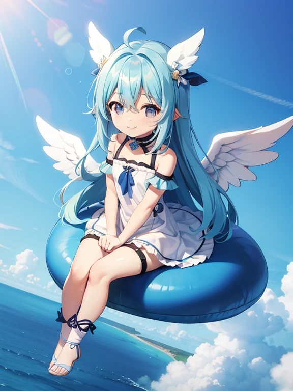 Two Chibi Charactercters Adorable smile、With angel wings、I can see it flying over the sea。Long hair and blue hair((Chibi Character))、Girl in blue and white costume、Chibi Character、Whole Body Ezbian、Pastel colored hair、Tabletop、highest quality、The center is large
