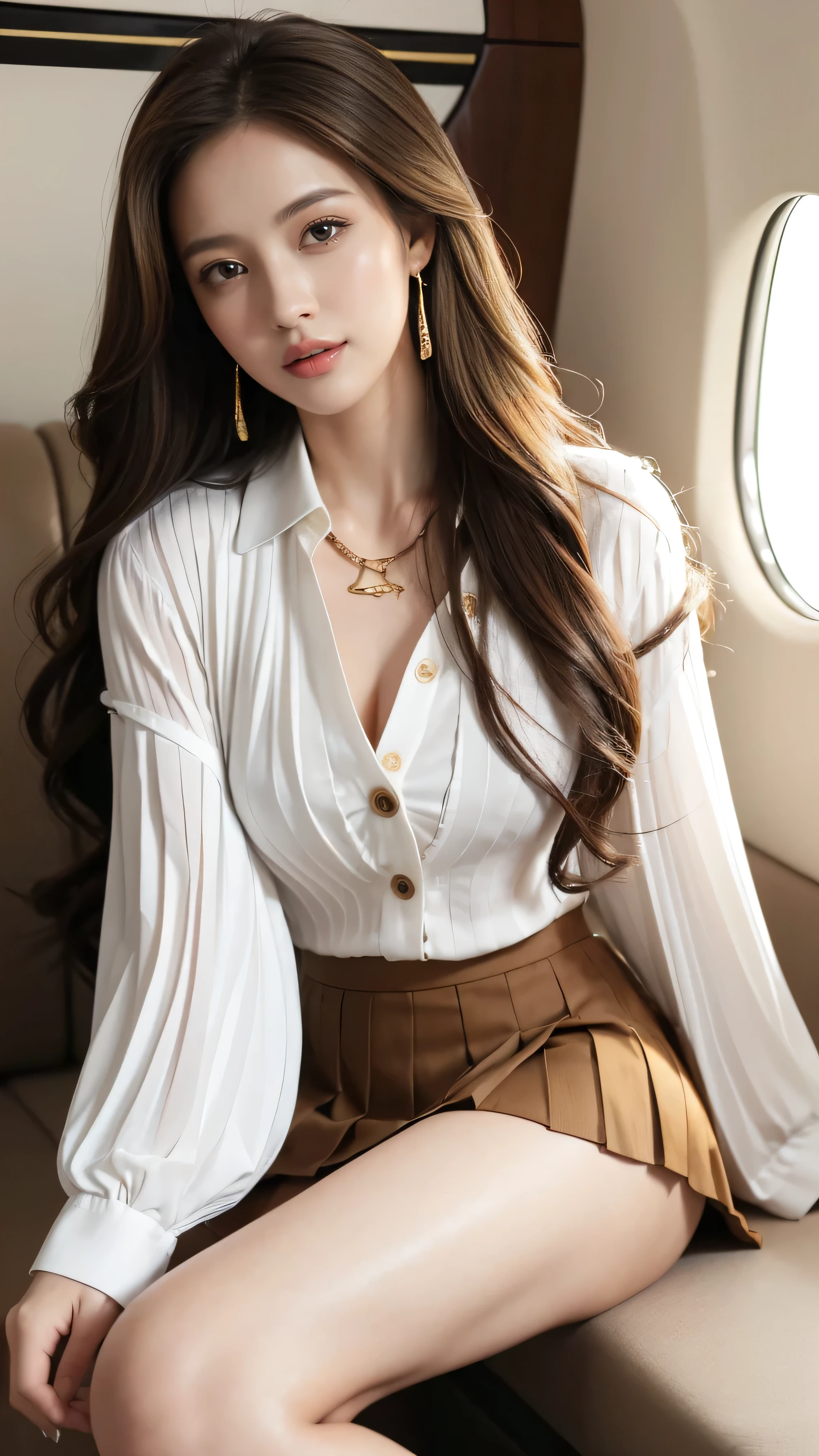 highest quality,masterpiece,Ultra-high resolution,(Actual:1.4),Original photo,Ultra-high resolution，8k，There are also women，Fair skin，Exquisite makeup，White high heels，Long legs，Bright and beautiful、Loosely inward wavy hair,Extra long brown hair_Hair reaching down to the waist,A shy smile、gold luxury necklace＿Large earrings,inside private jet, indoor, hyper detailed background、((White long sleeve button up blouse_Brown pleated mini skirt:1.3)),