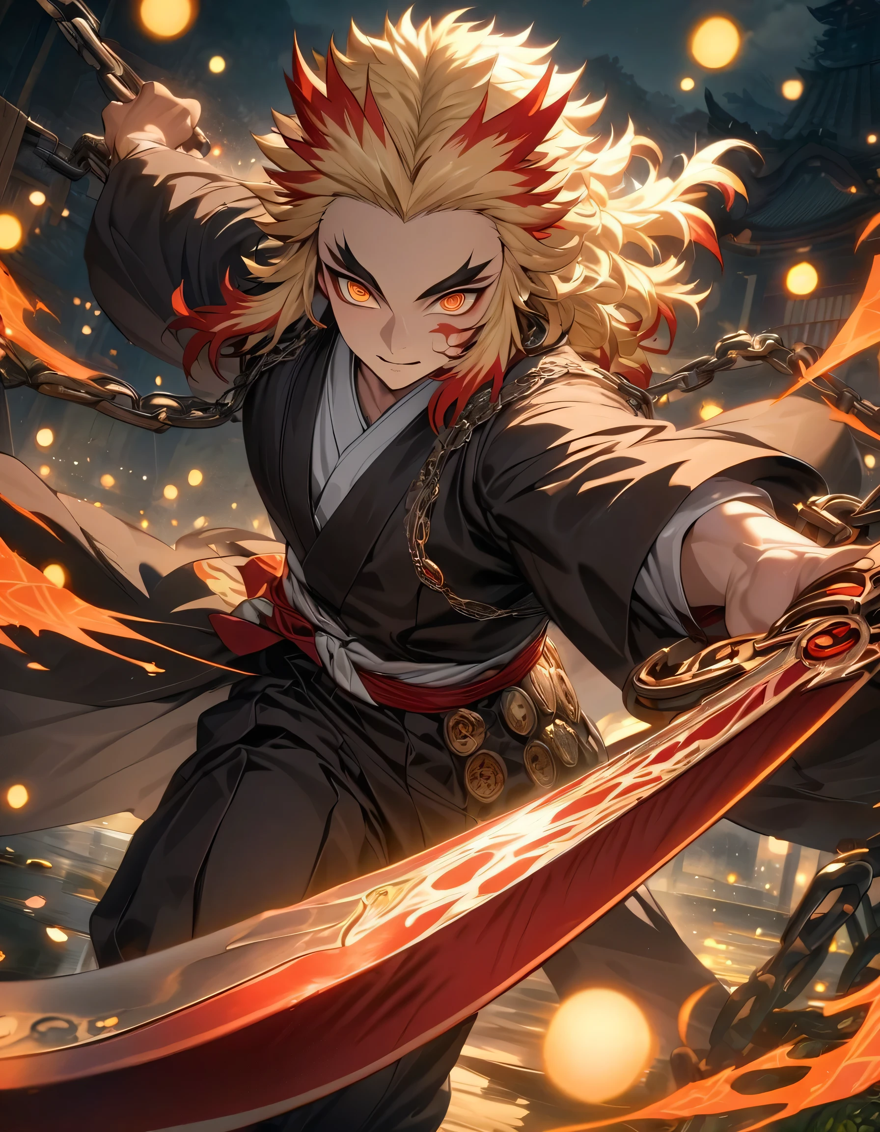 absurdres, highres, ultra detailed, HDR, master piece, best quality, extremely detailed face and eyes, Rengoku Kyojuro, blond hair, expressive orange eyes, Kimetsu No Yaiba, solo, sexy man, handsome, clock mechanical moon, fantasy, chains, fireflies,holding a red nichirin blade whose edges are bright red with his name written on it in Japanese 
