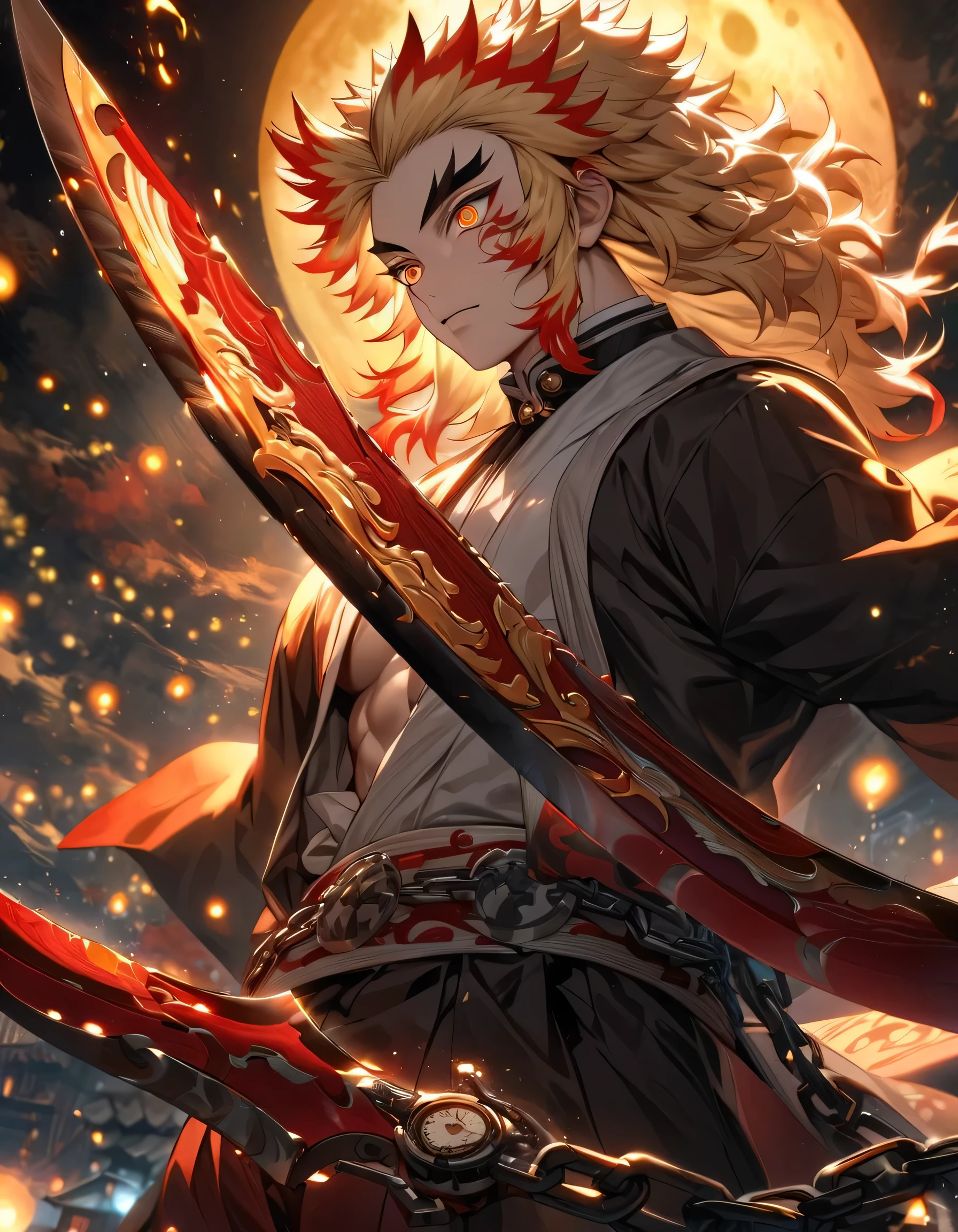 absurdres, highres, ultra detailed, HDR, master piece, best quality, extremely detailed face and eyes, Rengoku Kyojuro, blond hair, expressive orange eyes, Kimetsu No Yaiba, solo, sexy man, handsome, clock mechanical moon, fantasy, chains, fireflies,holding a red nichirin blade whose edges are bright red with his name written on it in Japanese 
