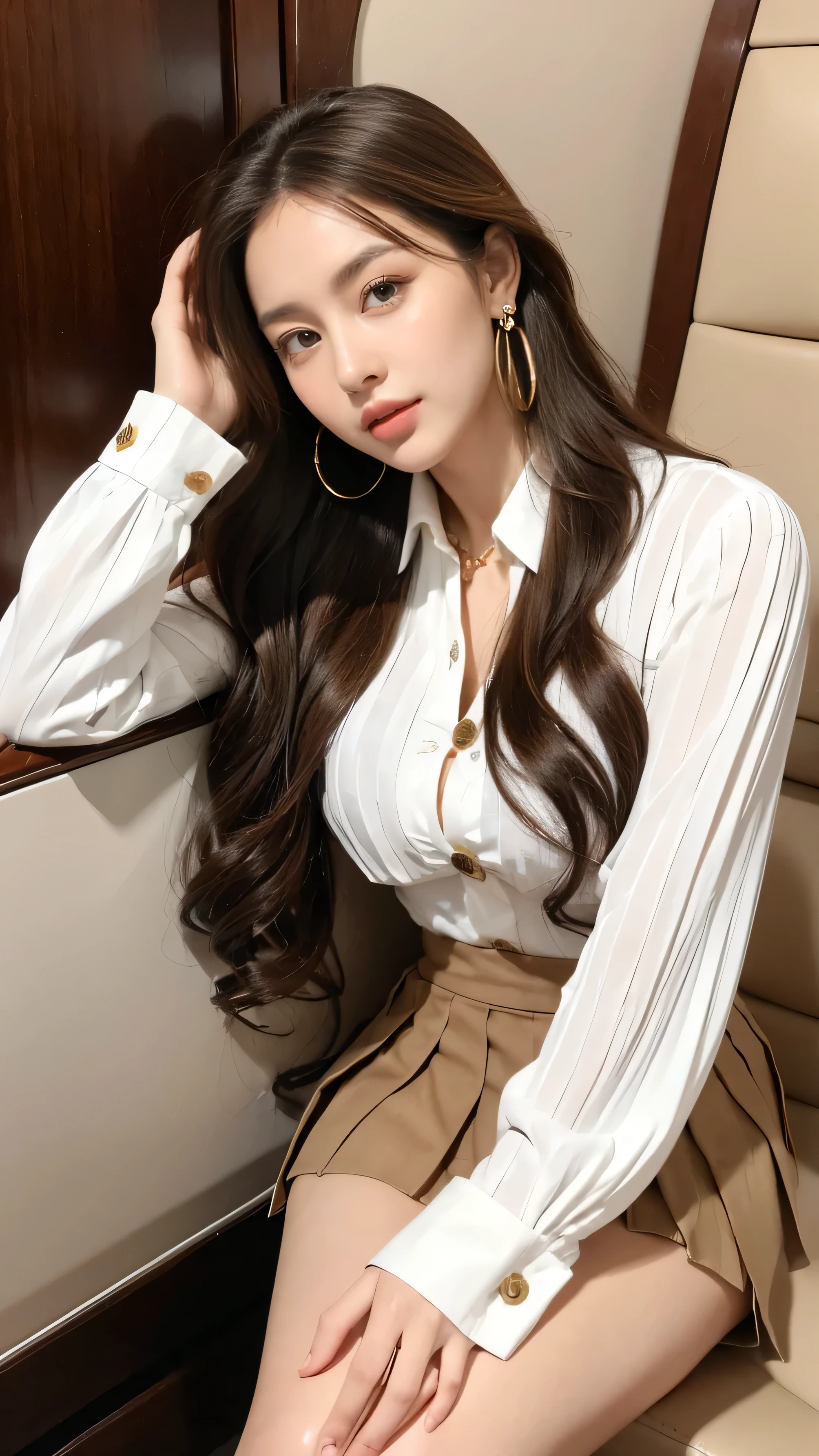 highest quality,masterpiece,Ultra-high resolution,(Actual:1.4),Original photo,Ultra-high resolution，8k，There are also women，Fair skin，Exquisite makeup，White high heels，Long legs，Bright and beautiful、Loosely inward wavy hair,Extra long brown hair_Hair reaching down to the waist,A shy smile、gold luxury necklace＿Large earrings,inside private jet, indoor, hyper detailed background、((White long sleeve button up blouse_Brown pleated mini skirt:1.3)),Place your left hand gently on your chin，right hand holding chest