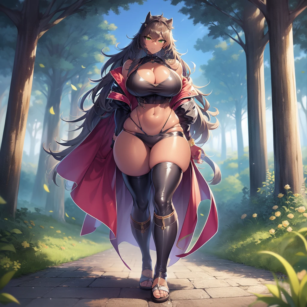 Muscle gothic girl, dark-skinned woman, big thick chest, big thick buttocks, big thick thighs, happy,, big coat jacket, thick pants, portrait, 1character, full body, walking, long thick dress, medieval, village, farm, forest,flipflops,black hair,, green eyes, leopard thick cloths