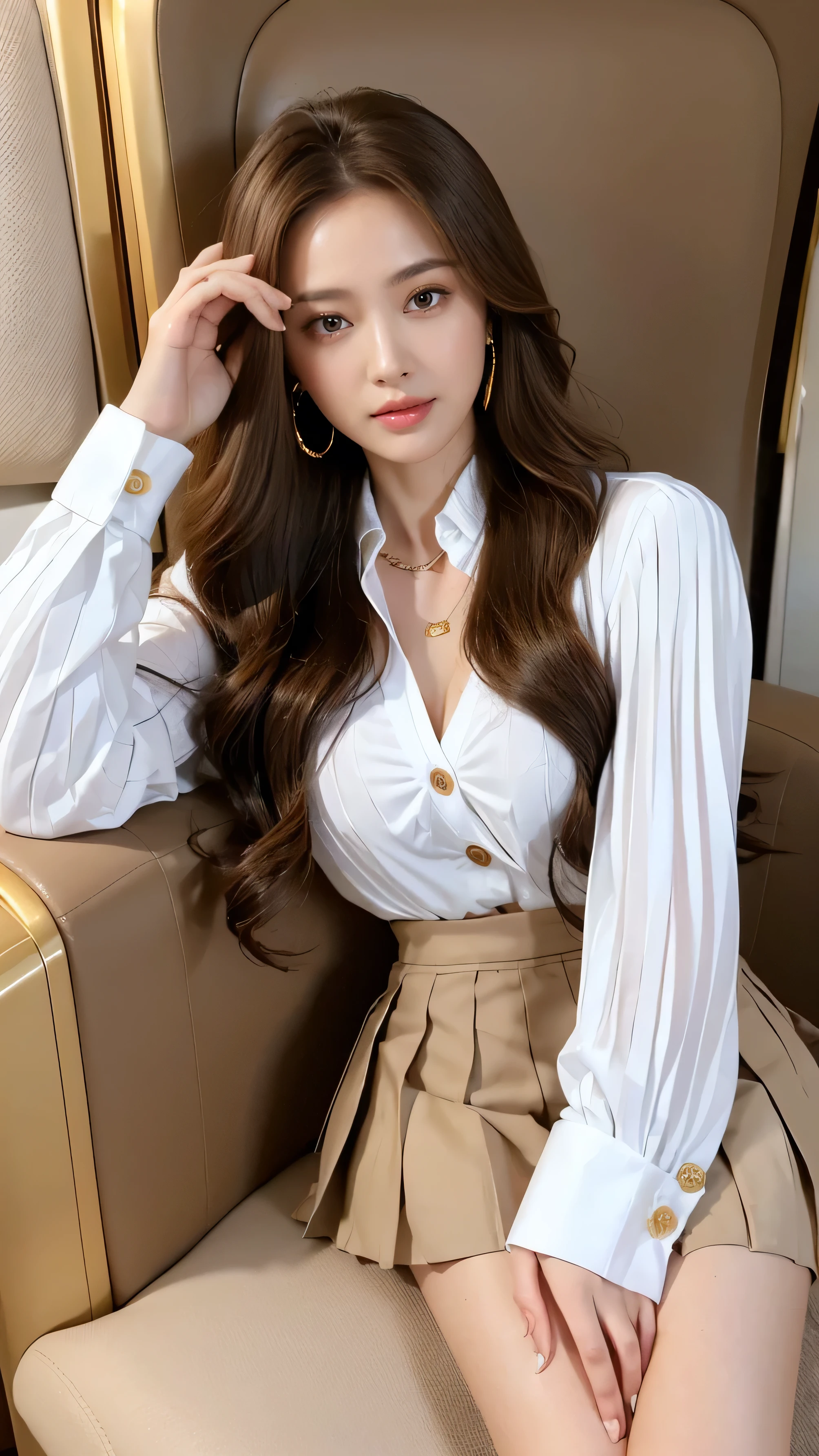 highest quality,masterpiece,Ultra-high resolution,(Actual:1.4),Original photo,Ultra-high resolution,8k,There are also women,Fair skin,Exquisite makeup,White high heels,Long legs,Bright and beautiful、Loosely inward wavy hair,Extra long brown hair_Hair reaching down to the waist,A shy smile、gold luxury necklace_Large earrings,inside private jet, indoor, hyper detailed background、((White long sleeve button up blouse_Brown pleated mini skirt:1.3)),Place your left hand gently on your chin,right hand holding chest