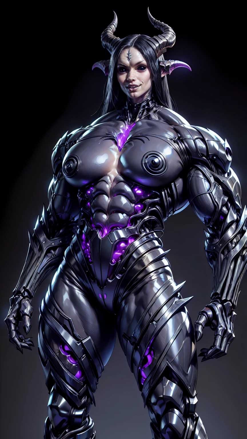 (draconic alien biomechanical succubus with carnage & witchblade physique:1.5), (megan fox as a muscular alien draconic biomechanical demonic woman with flayed skin, gigantic horns, & necrotic metallic muscle:1.5), (witchblade muscular anatomy:1.25), (perfect fingers:1.25), ((wide shoulders & upper body:1.25)), (very skinny legs:1), (huge muscular arms:1.25), (ten pack abs:1.25), (full body view:1.25), choker, detailed eyes, (looking at viewer), (smile:1.25), (blank dark background:1.25), in the art style of H.P. Giger, (beautiful girl face:1.25)