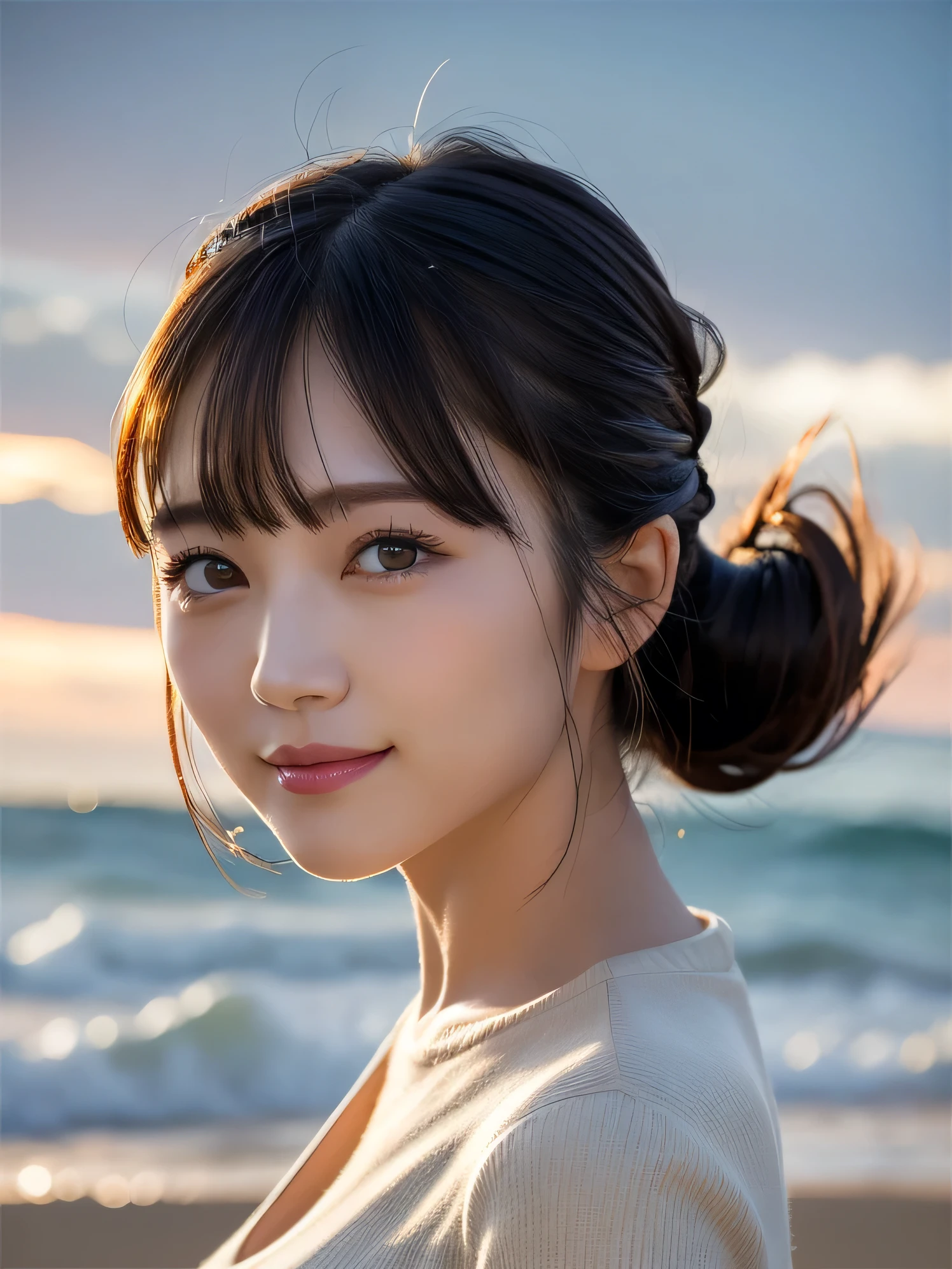 Tabletop, highest quality, profile, Very detailed, finely, High resolution, 8k wallpaper, Dynamic composition, Beautiful and detailed, Spring Fashion,Random Cute Hairstyles, Small breasts, Natural color lip, Random Idol Pose,Cute Smile,20-year-old girl、Beautiful and elaborate face、Perfect and beautiful face,Big eyes、Beautiful and elaborate face、Perfect and beautiful double eyelids、Perfect and beautiful face、Feminine poses、Slim face and figure、Facial Light、Bright lighting、Professional Lighting、Forward lighting、A kind smile、Model pose、Summit、morning、sea of clouds、