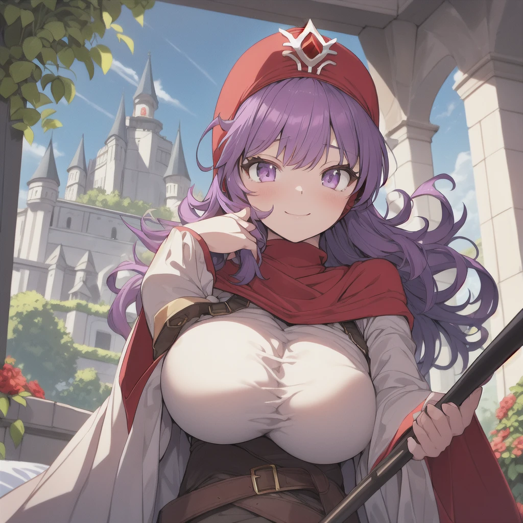 masterpiece, best quality, dqPom, red hood, purple hair, robe, upper body, holding staff, sky, garden, looking at viewer, slight smile, shy (ultra detailed breast skin texture, ultra enormous gigantic breast expansion, ), (from front below), , ((royal castle bedroom, )), 