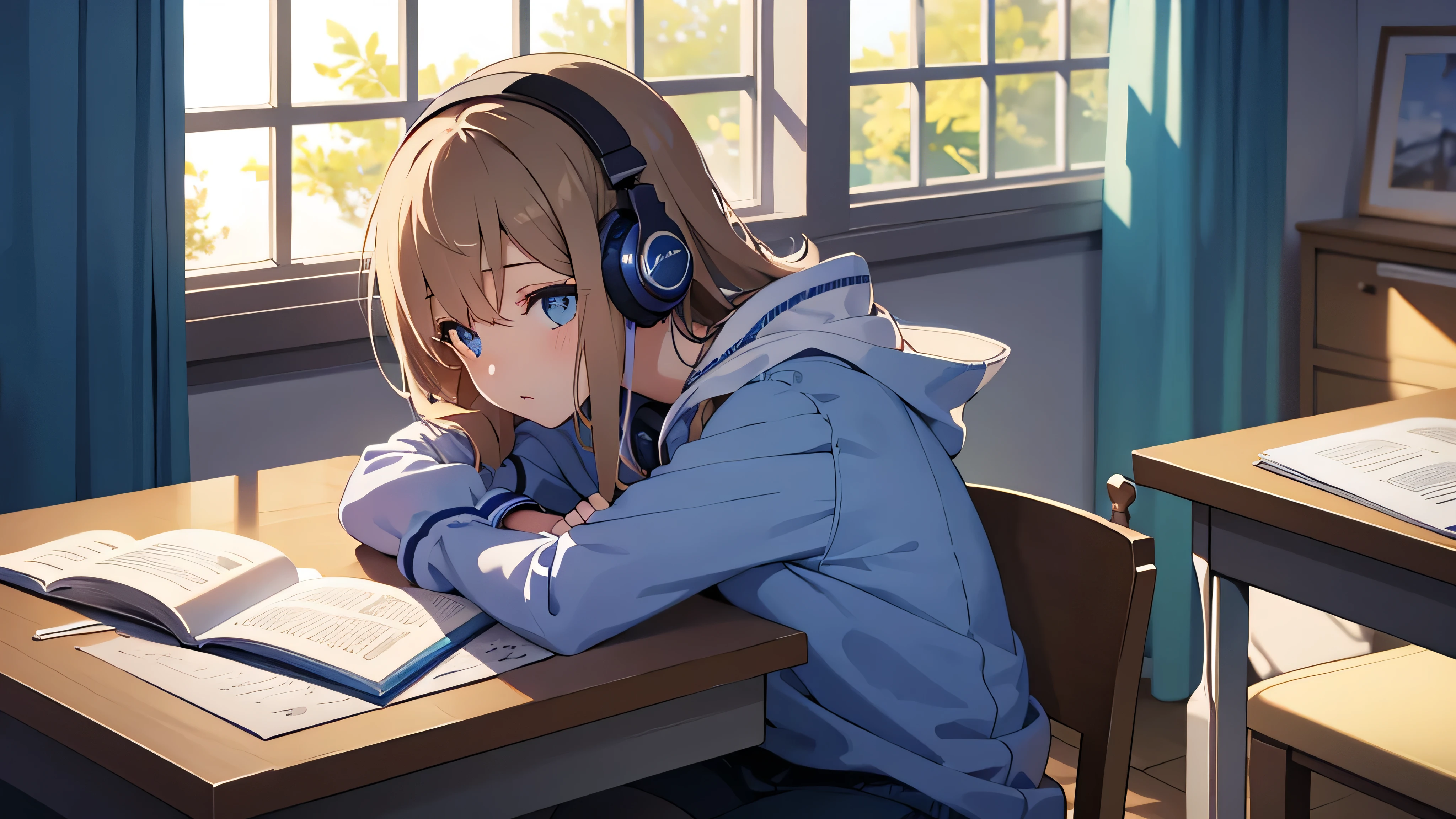 Beautiful girl studying in her room while listening to music with headphones Warm lighting Blue sky outside the window Japanese anime style