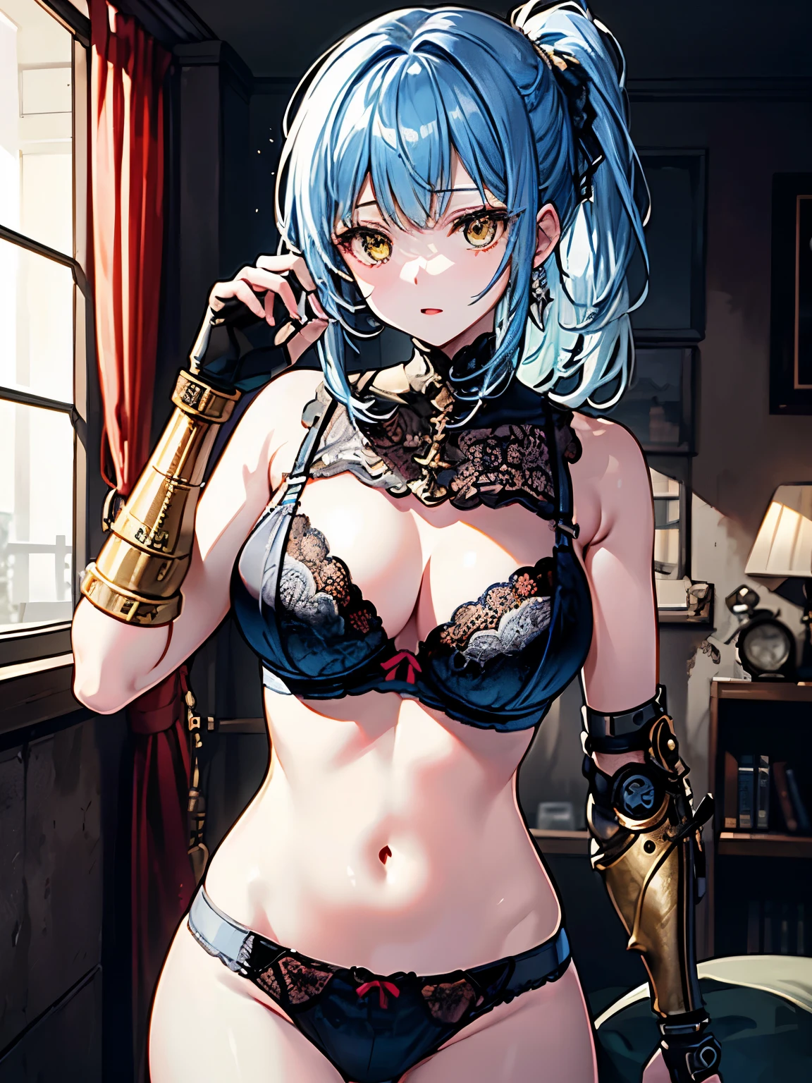 (((masterpiece、Highest image quality、highest quality、highly detailed unity 8kwallpaper)))、((Illustration of one girl、upper body))、(((beautiful girl)))、(fantasy、female pirate)、(Light light blue hair、short ponytail:1.2、yellow eyes)、(((Right hand is a prosthetic hand、steampunk prosthetic arm)))、((tall))、large breasts, (((bra and panties)))