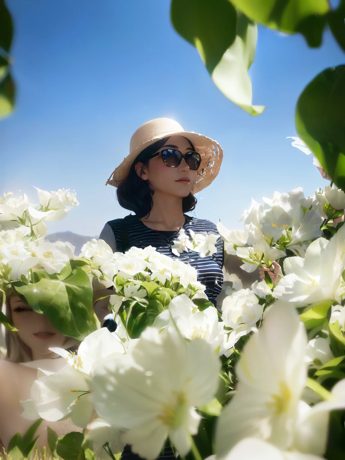 there is a young woman wearing a hat and sunglasses standing in a field of flowers, wearing a travel hat, in sunny weather, taken with canon eos 5 d mark iv, in a sunny day, wearing wide sunhat, with flowers, in the sun, photo taken with canon 5d, shot on leica sl2, woman in flowers, on a sunny day